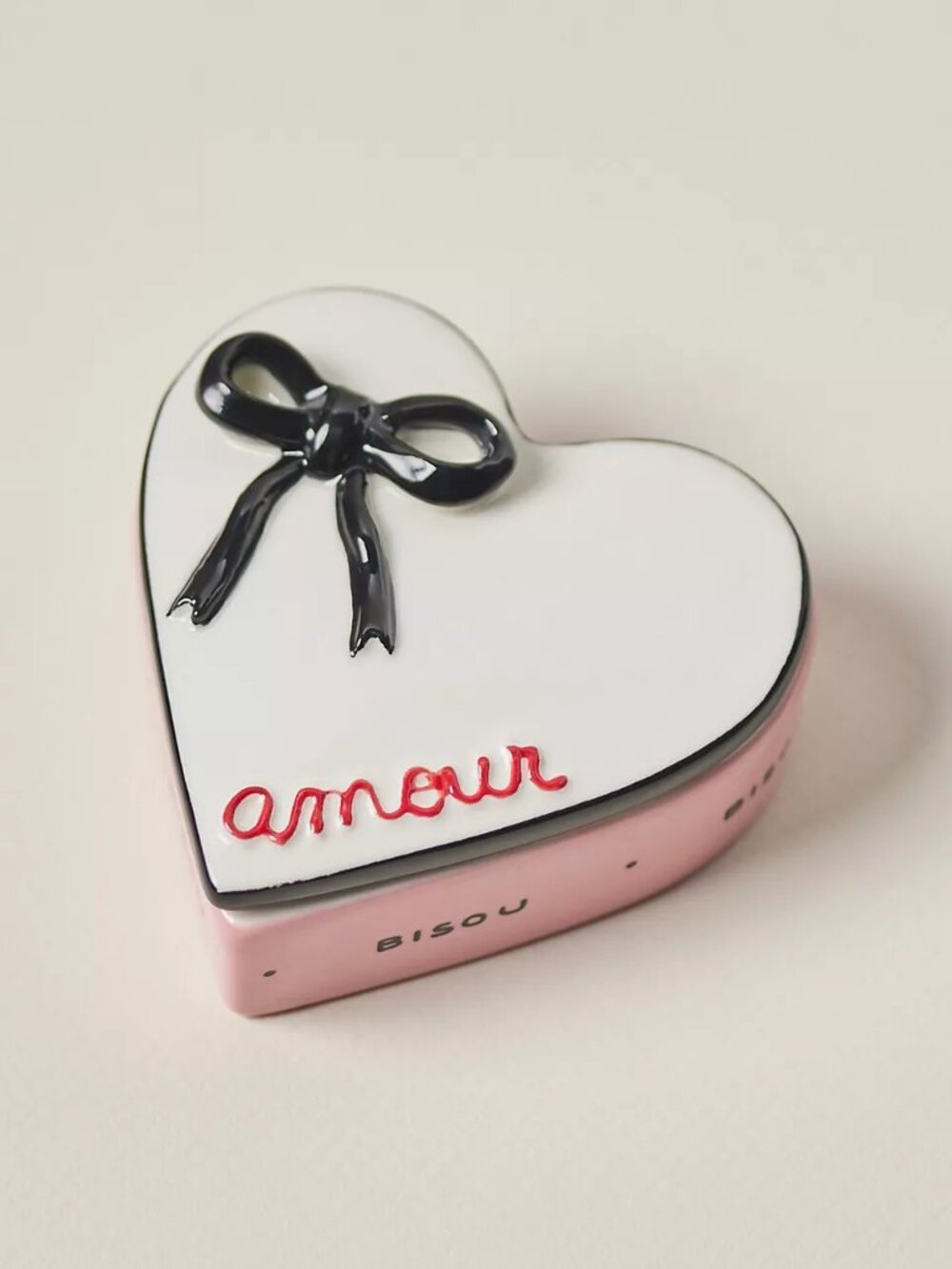 Anthropologie Amour Heart Bow Ceramic Trinket Box, New